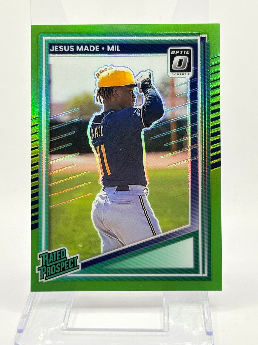 2025 Donruss Optic Jesus Made Rated Prospect Lime Green Prizm 74/149 SP Brewers